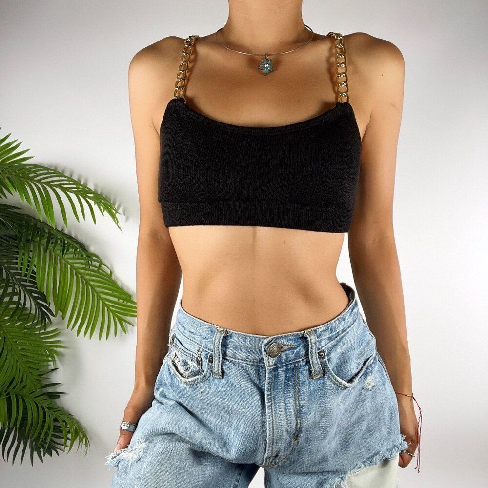 Vintage Black Knit Bralette Grunge Streetwear Gold Chain Strap Crop Top / Small
